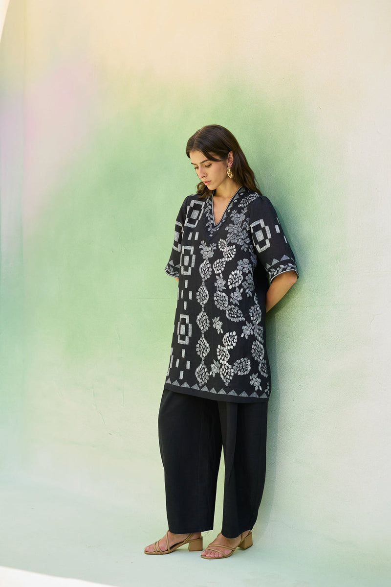 Black Floral Ikat Co-ord Set linen co-ord set by World of SiSa in black for women in Singapore