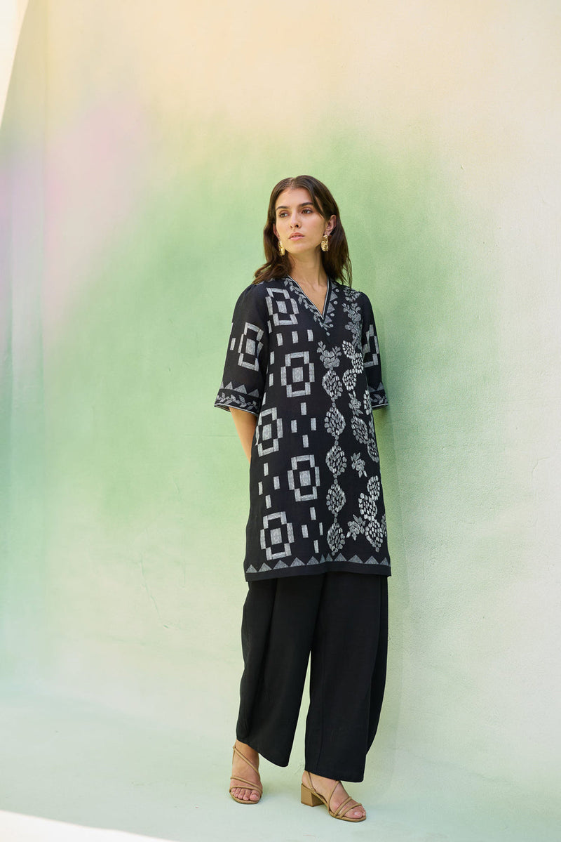 Black Floral Ikat Co-ord Set linen co-ord set by World of SiSa in black for women in Singapore