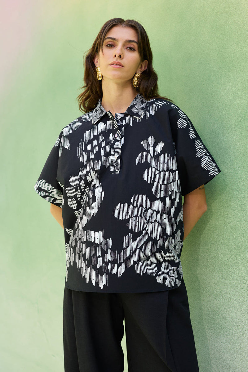 Oversized Floral Ikat Shirt cotton top/shirt by World of SiSa in black for women in Singapore