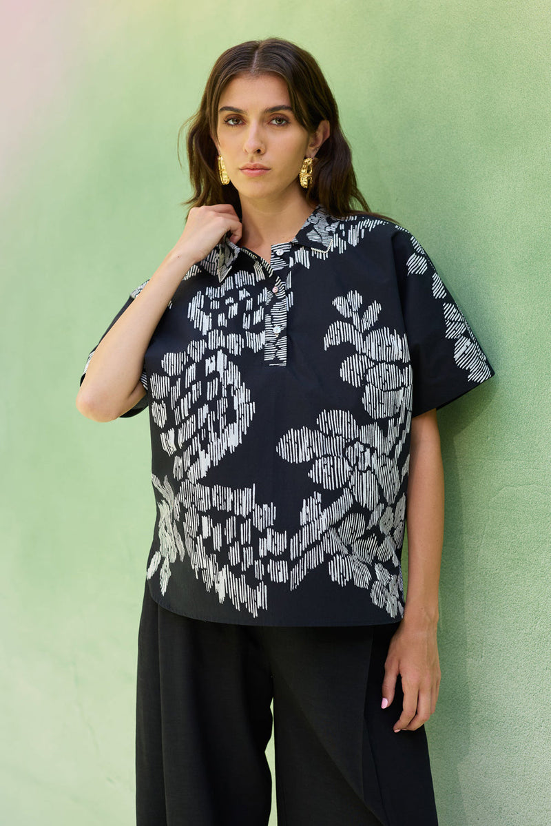 Oversized Floral Ikat Shirt cotton top/shirt by World of SiSa in black for women in Singapore