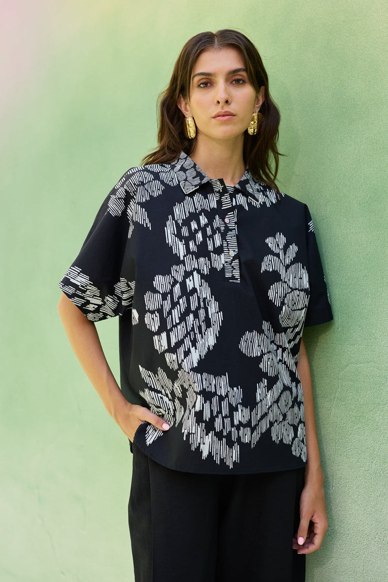 Oversized Floral Ikat Shirt cotton top/shirt by World of SiSa in black for women in Singapore