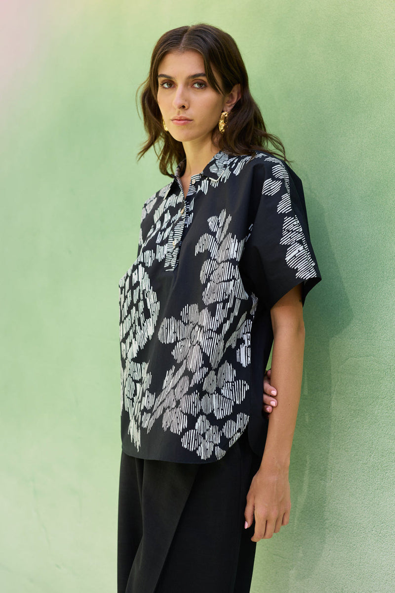 Oversized Floral Ikat Shirt cotton top/shirt by World of SiSa in black for women in Singapore