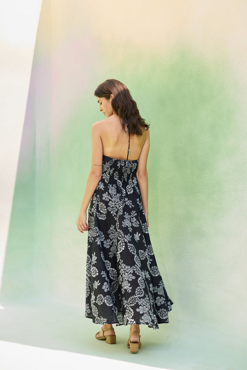Black Floral Ikat Halter Neck Maxi Dress linen dress by World of SiSa in black for women in Singapore