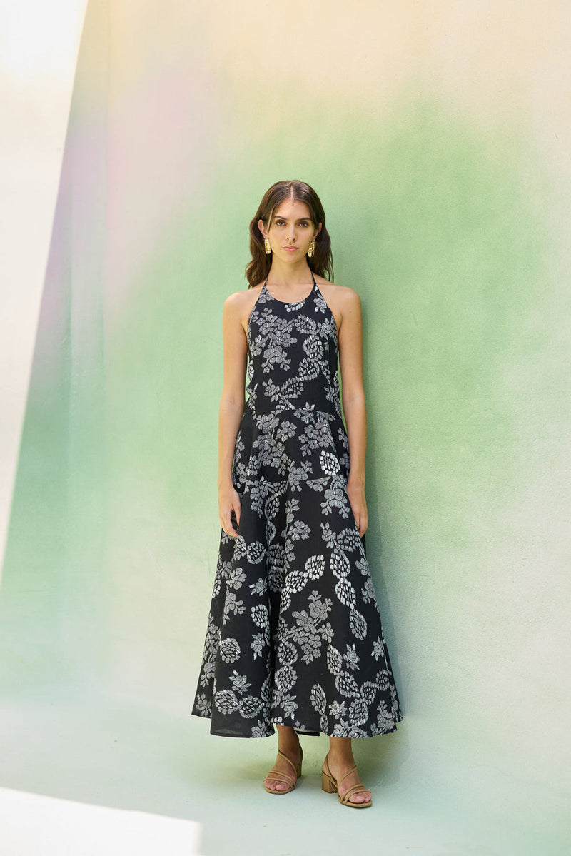Black Floral Ikat Halter Neck Maxi Dress linen dress by World of SiSa in black for women in Singapore