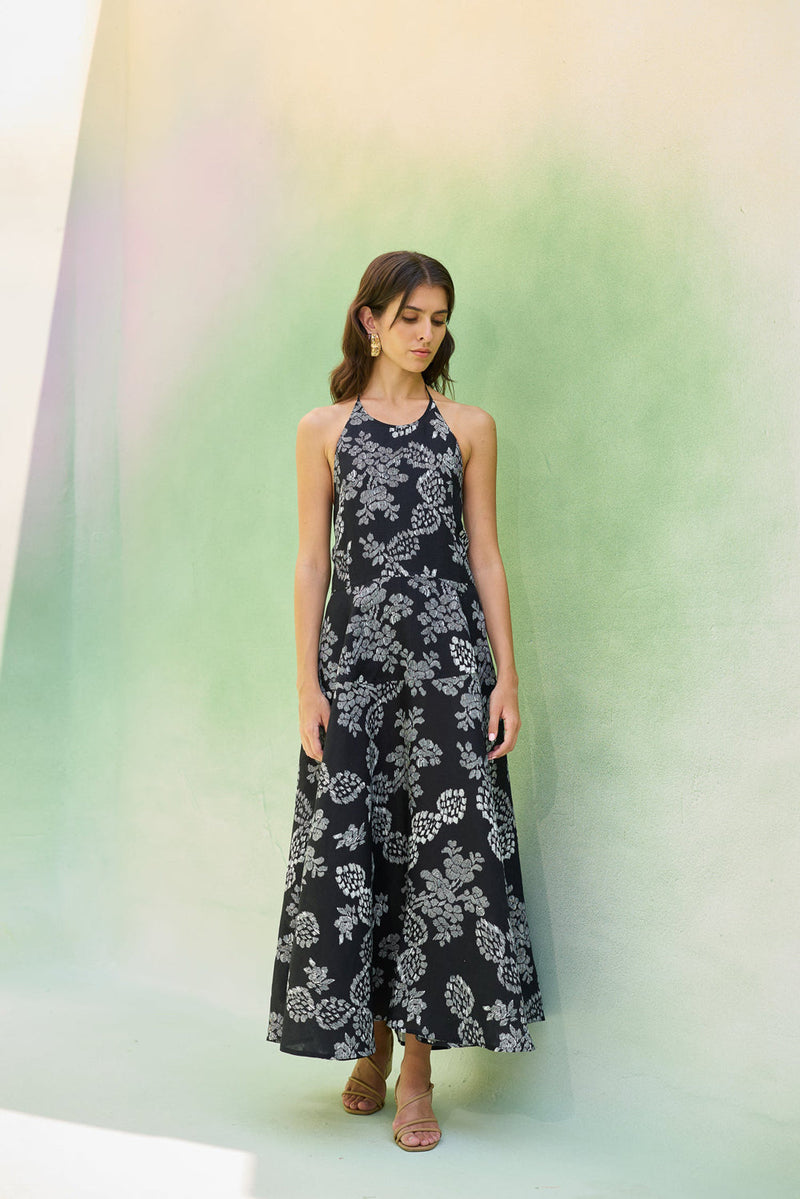 Black Floral Ikat Halter Neck Maxi Dress linen dress by World of SiSa in black for women in Singapore