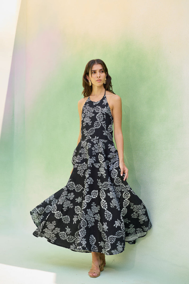 Black Floral Ikat Halter Neck Maxi Dress linen dress by World of SiSa in black for women in Singapore