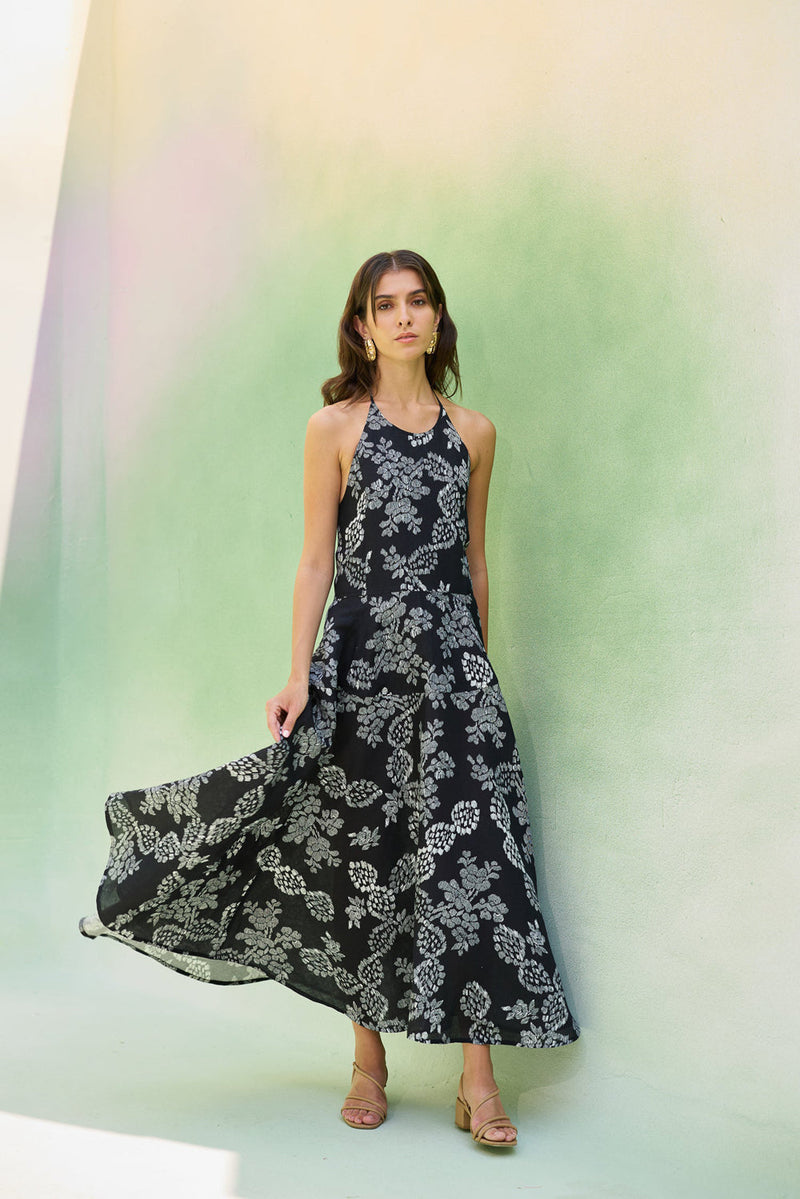 Black Floral Ikat Halter Neck Maxi Dress linen dress by World of SiSa in black for women in Singapore