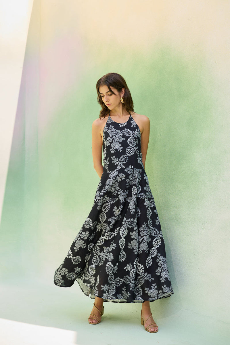Black Floral Ikat Halter Neck Maxi Dress linen dress by World of SiSa in black for women in Singapore