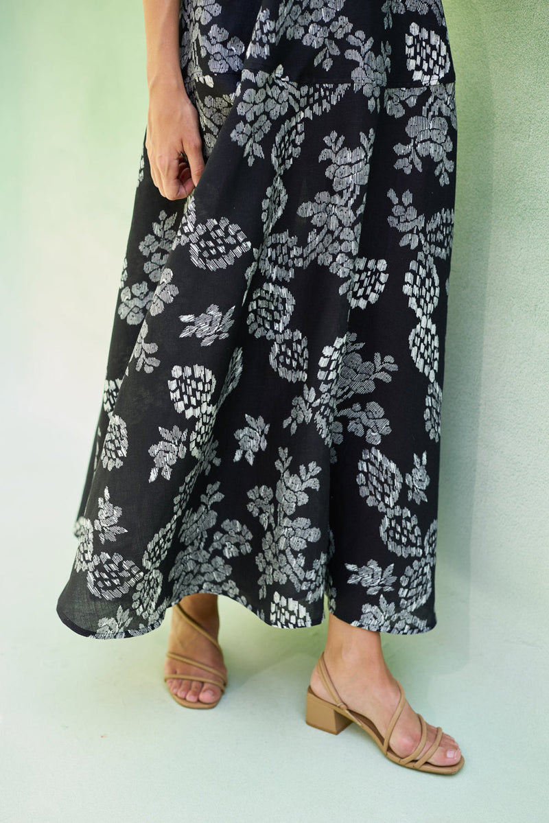 Black Floral Ikat Halter Neck Maxi Dress linen dress by World of SiSa in black for women in Singapore