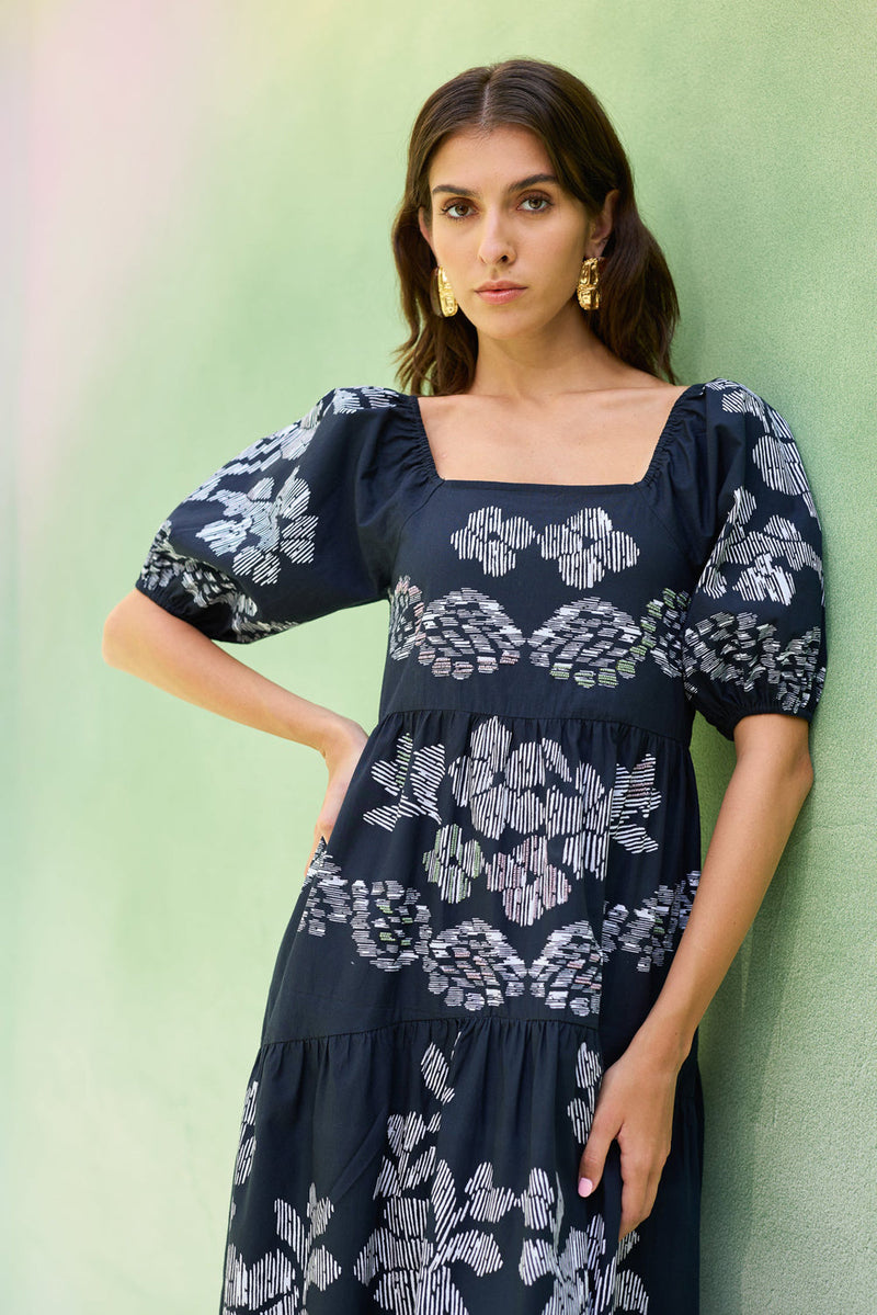 Black Floral Ikat Smocked Maxi Dress cotton dress by World of SiSa in black for women in Singapore