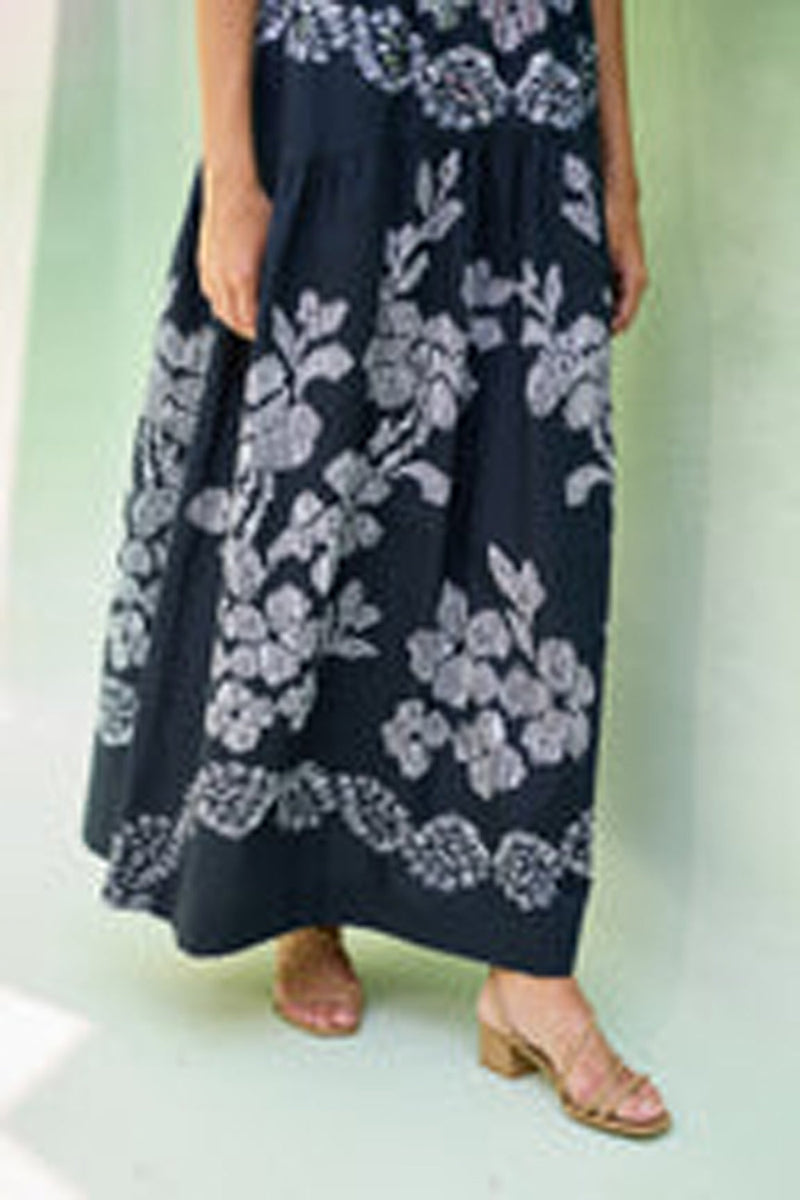 Black Floral Ikat Smocked Maxi Dress cotton dress by World of SiSa in black for women in Singapore