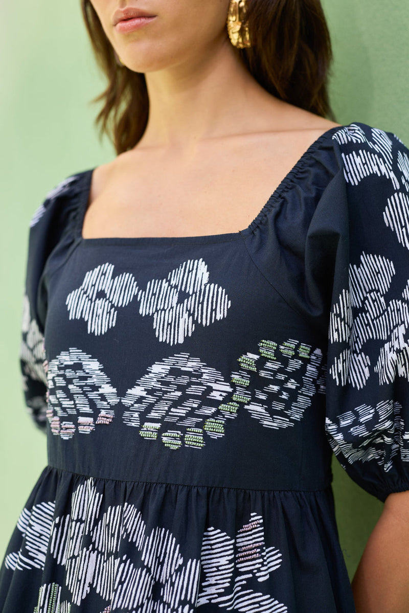 Black Floral Ikat Smocked Maxi Dress cotton dress by World of SiSa in black for women in Singapore