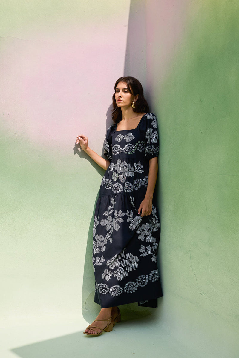 Black Floral Ikat Smocked Maxi Dress cotton dress by World of SiSa in black for women in Singapore