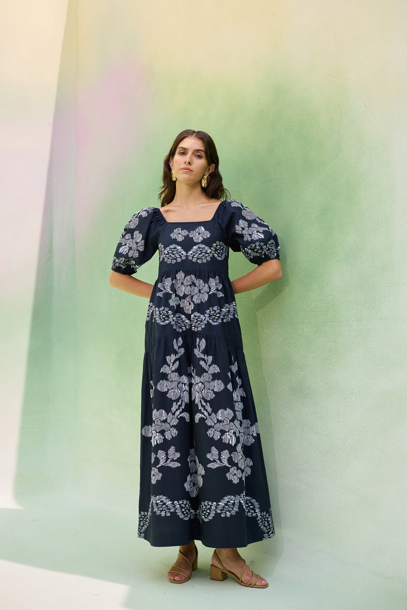 Black Floral Ikat Smocked Maxi Dress cotton dress by World of SiSa in black for women in Singapore