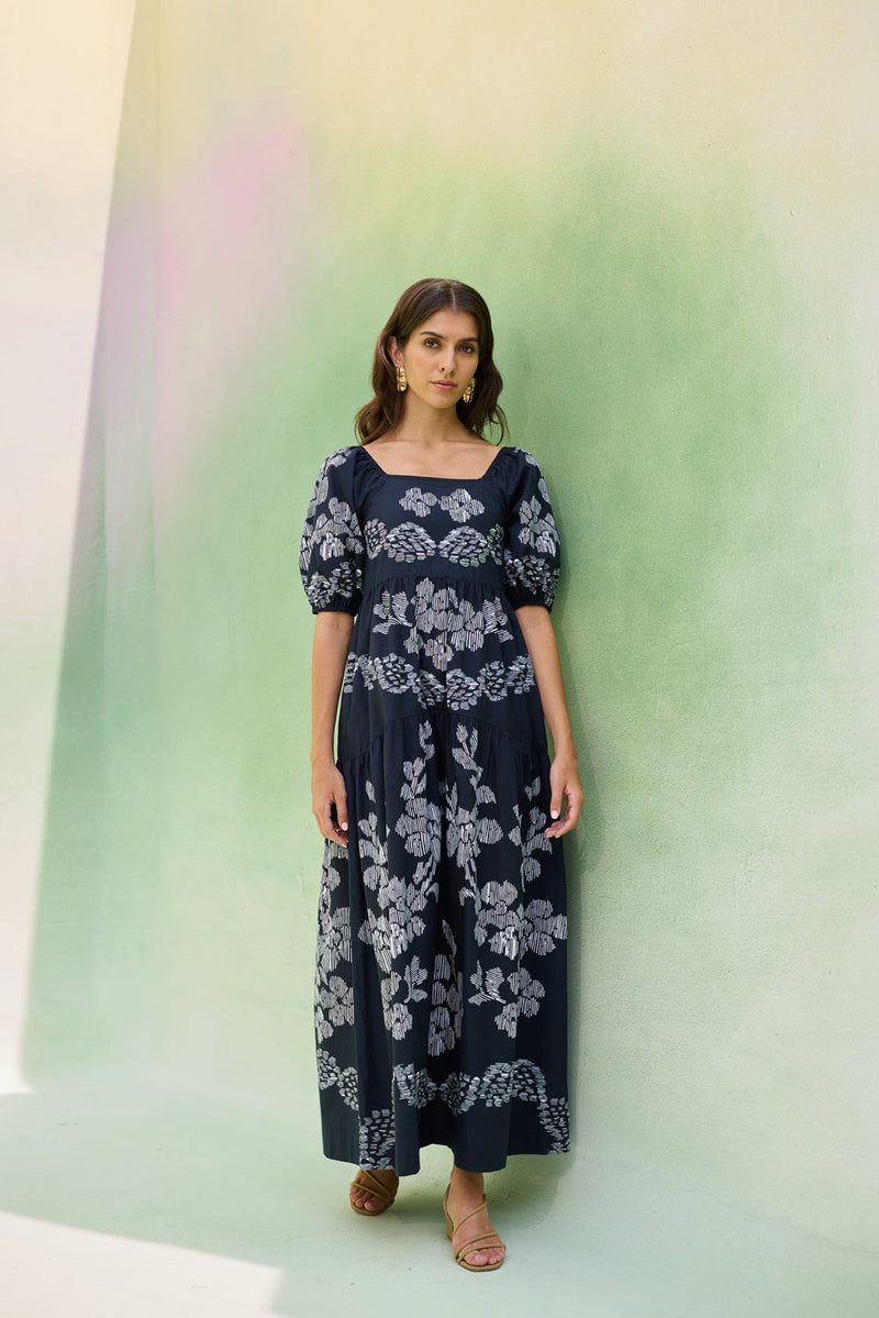 Black Floral Ikat Smocked Maxi Dress cotton dress by World of SiSa in black for women in Singapore