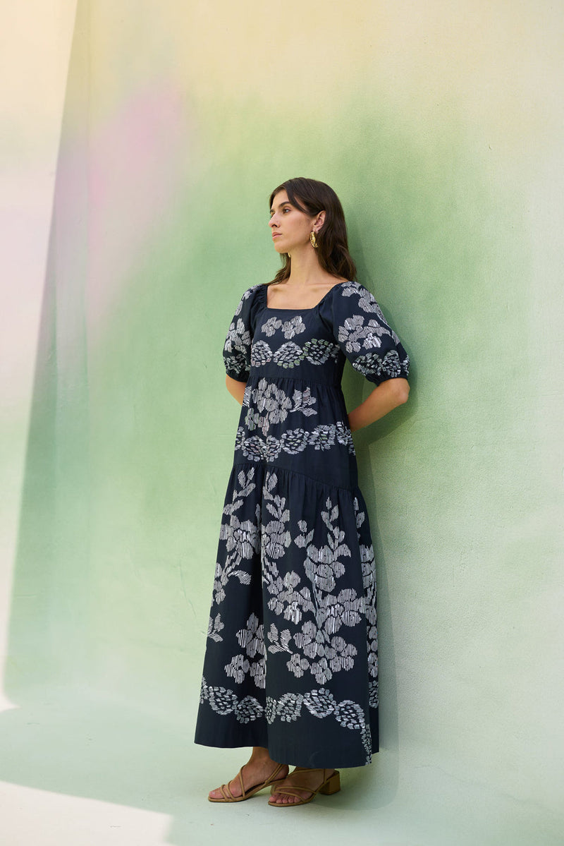 Black Floral Ikat Smocked Maxi Dress cotton dress by World of SiSa in black for women in Singapore