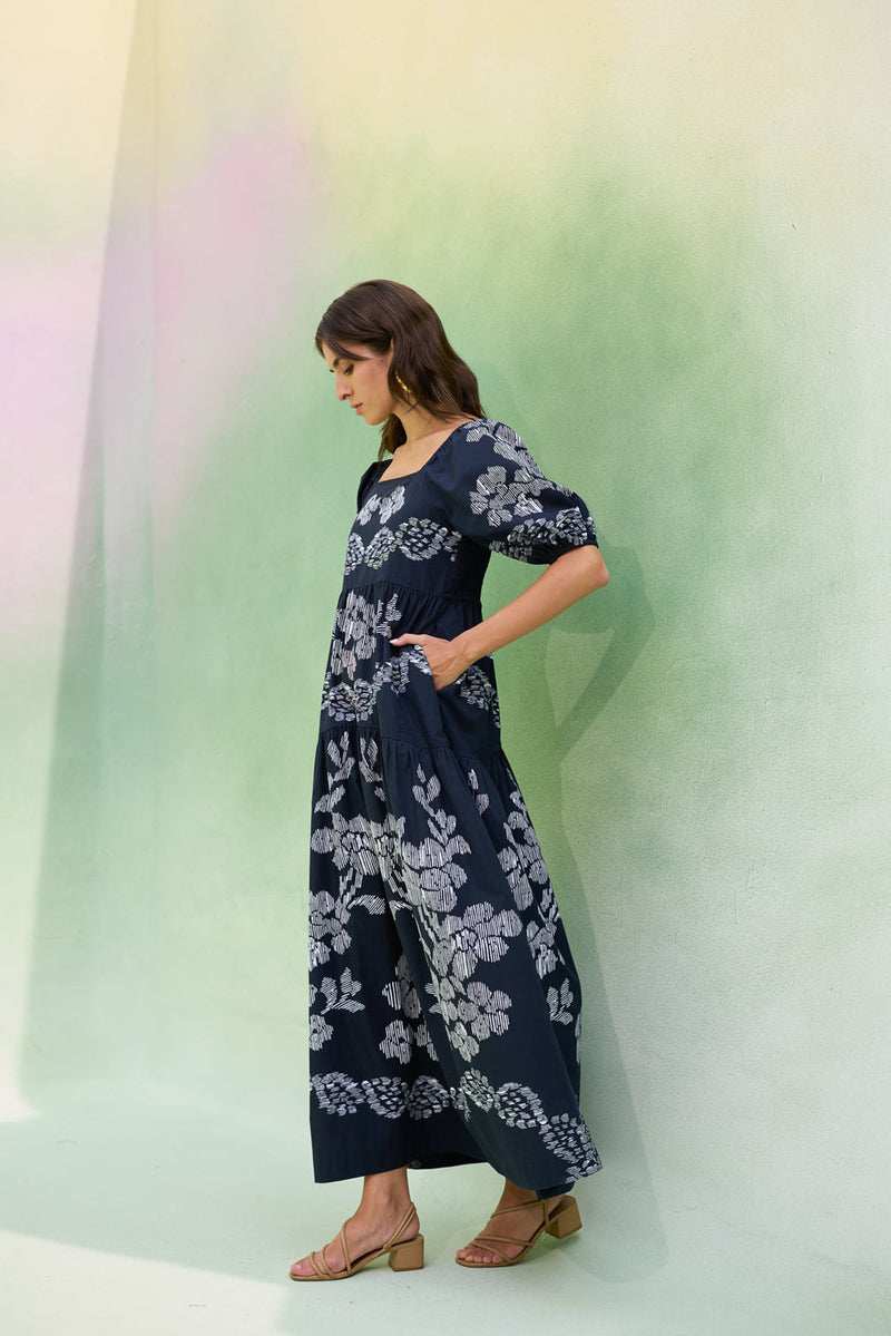 Black Floral Ikat Smocked Maxi Dress cotton dress by World of SiSa in black for women in Singapore