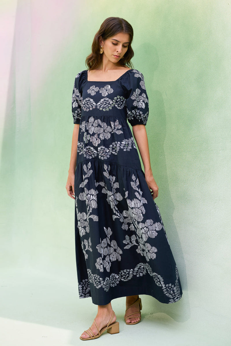 Black Floral Ikat Smocked Maxi Dress cotton dress by World of SiSa in black for women in Singapore