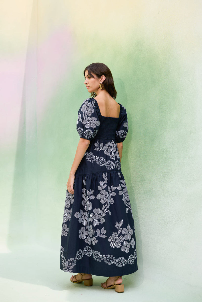 Black Floral Ikat Smocked Maxi Dress cotton dress by World of SiSa in black for women in Singapore