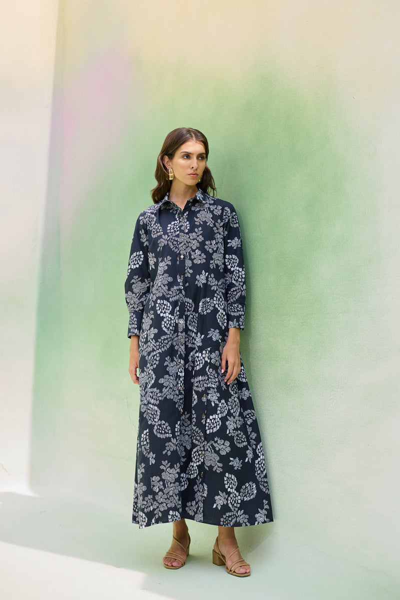 Black Floral Ikat Collared Shirt Dress cotton dress by World of SiSa in black for women in Singapore