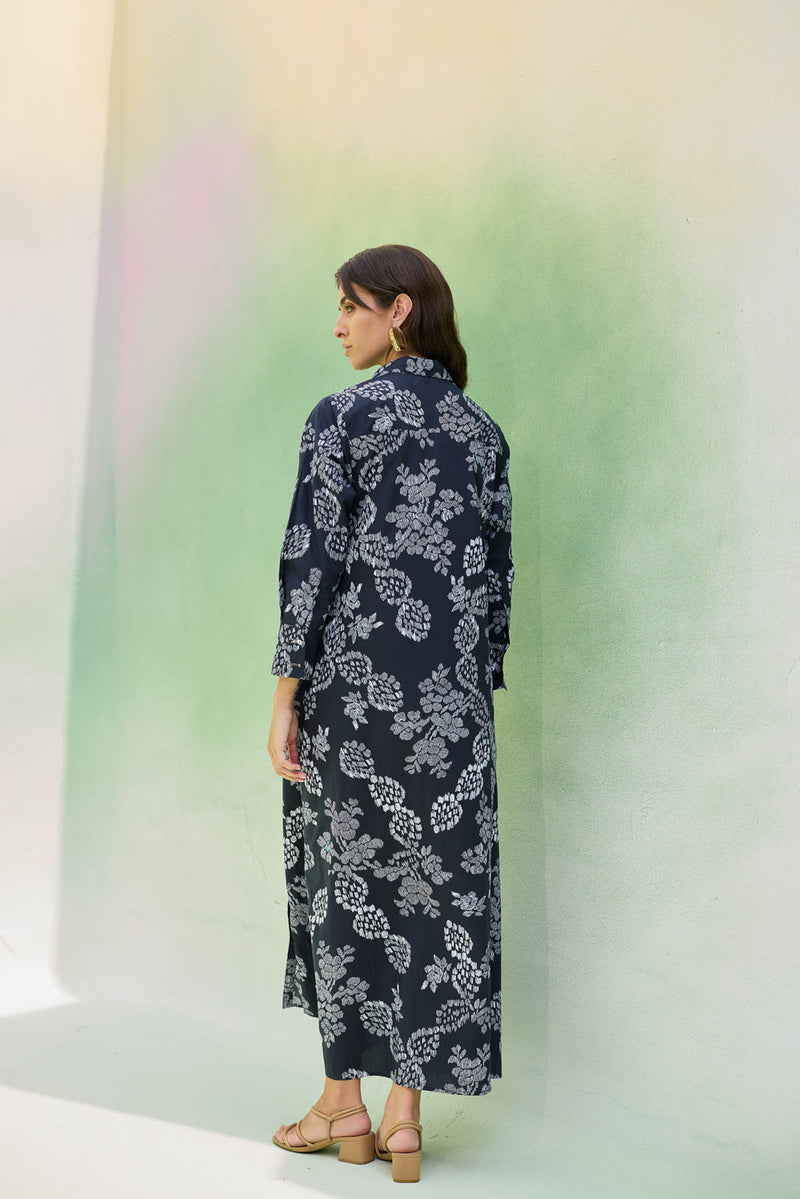 Black Floral Ikat Collared Shirt Dress cotton dress by World of SiSa in black for women in Singapore