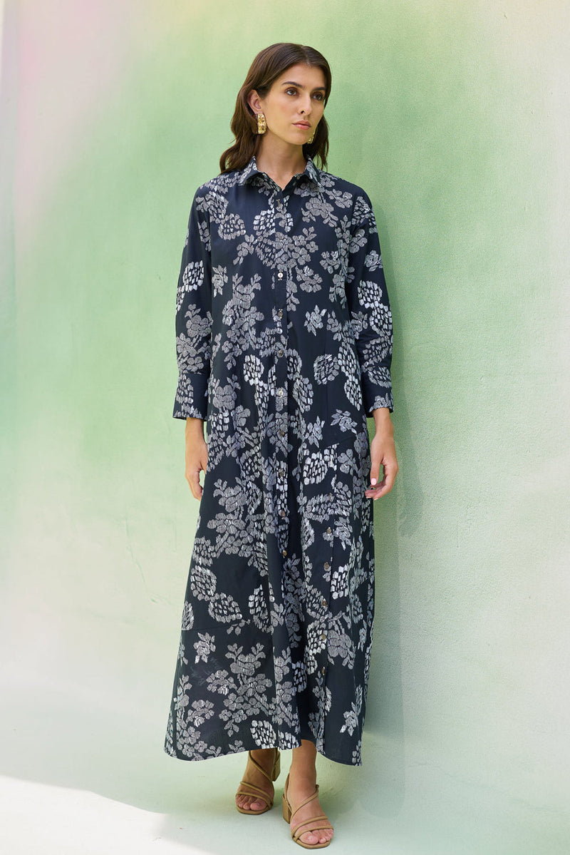 Black Floral Ikat Collared Shirt Dress cotton dress by World of SiSa in black for women in Singapore