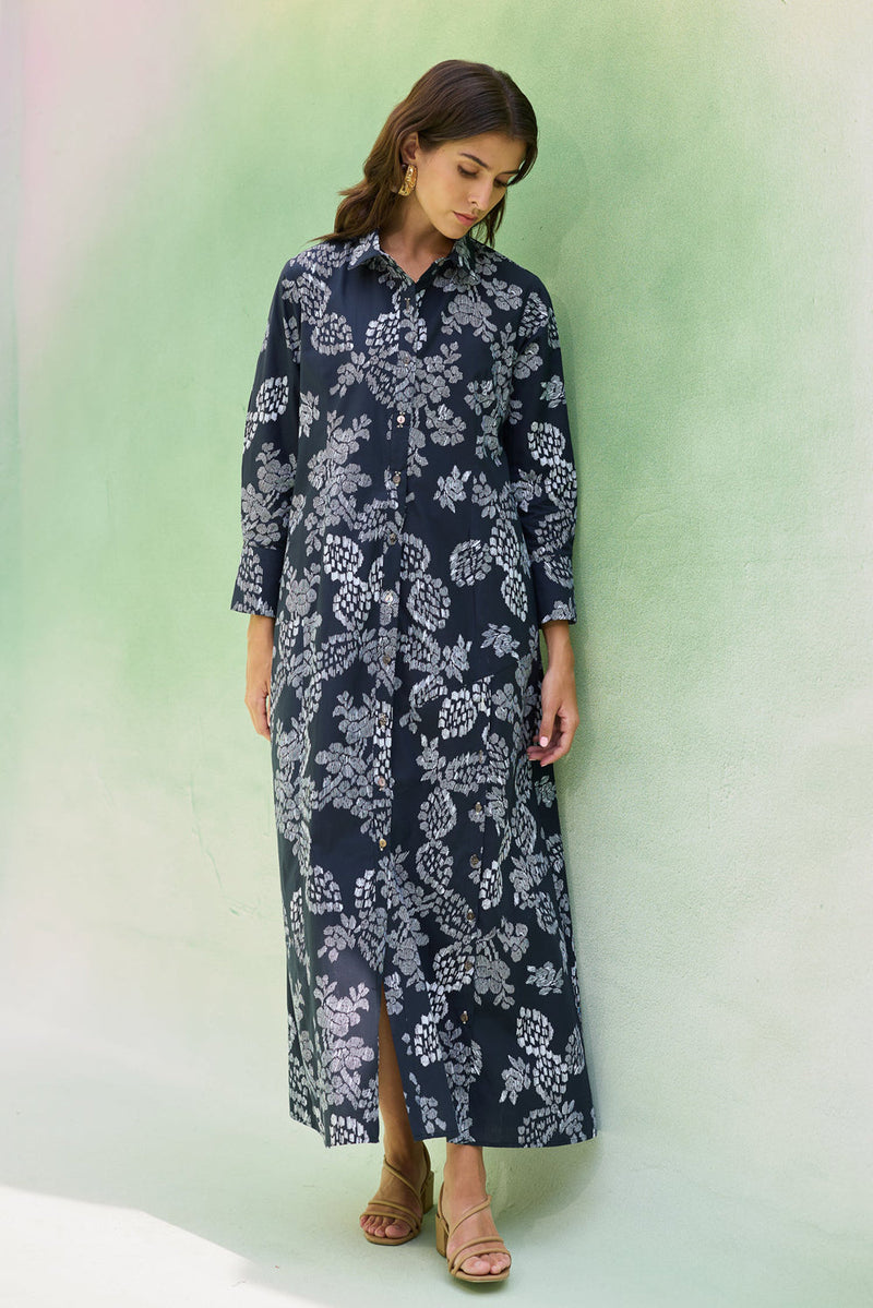 Black Floral Ikat Collared Shirt Dress cotton dress by World of SiSa in black for women in Singapore