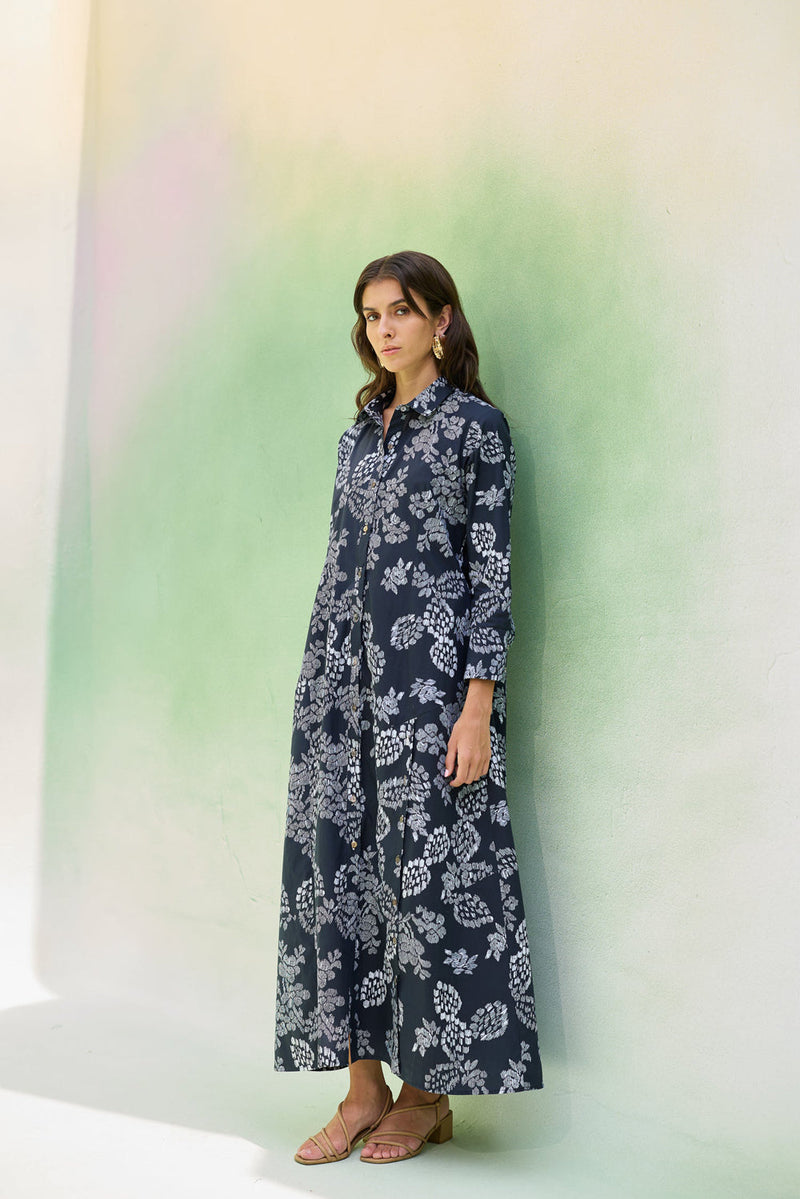 Black Floral Ikat Collared Shirt Dress cotton dress by World of SiSa in black for women in Singapore