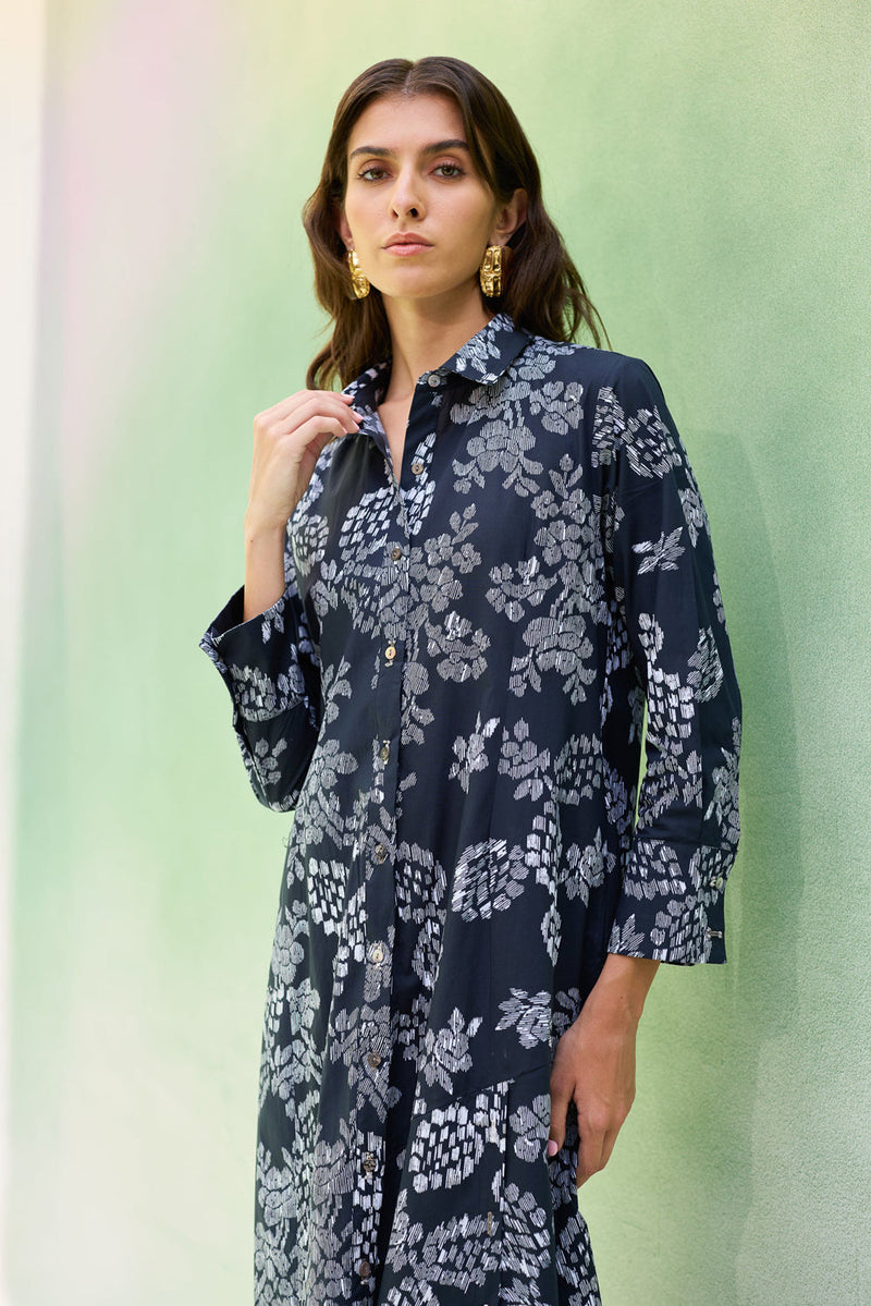 Black Floral Ikat Collared Shirt Dress cotton dress by World of SiSa in black for women in Singapore