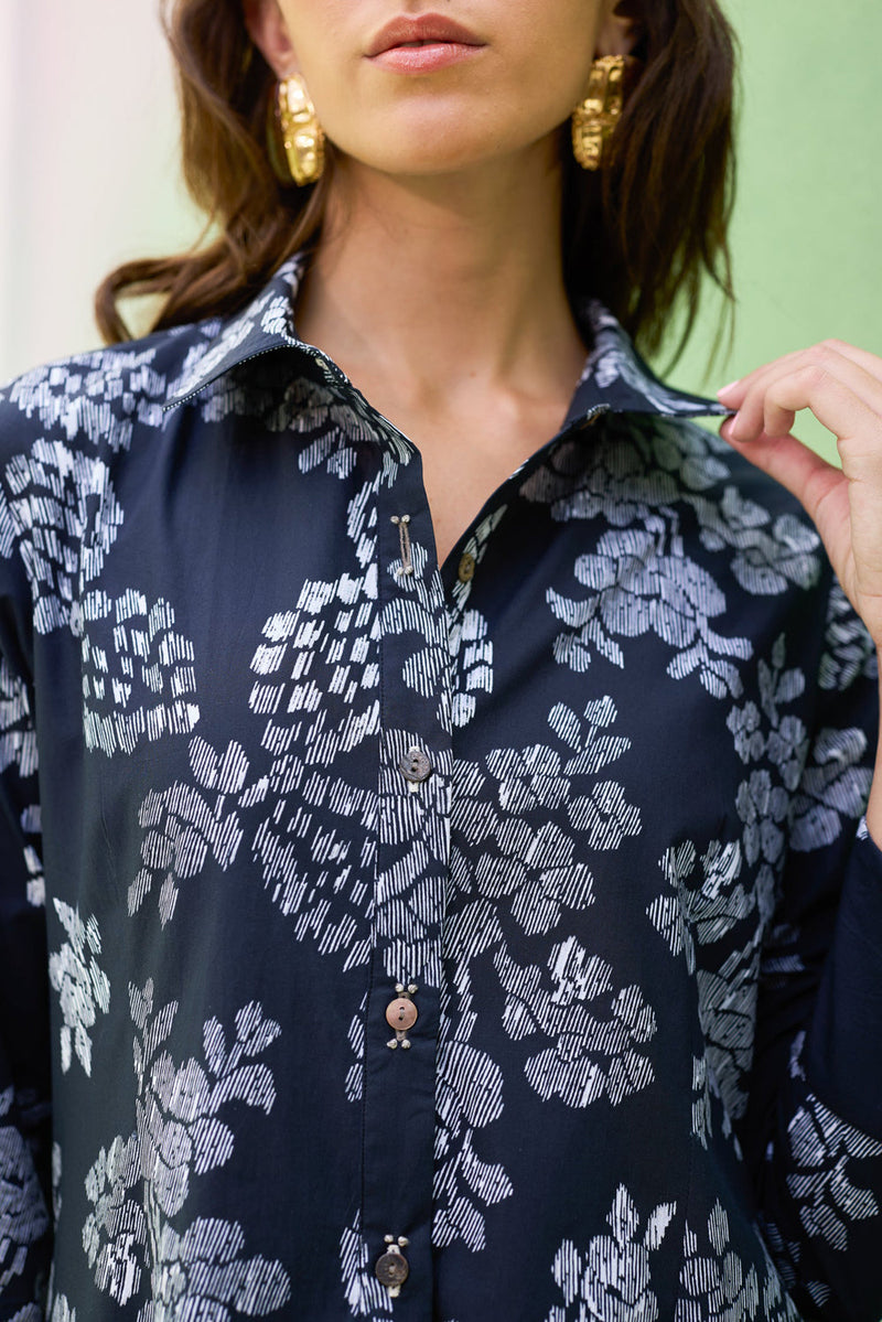 Black Floral Ikat Collared Shirt Dress cotton dress by World of SiSa in black for women in Singapore