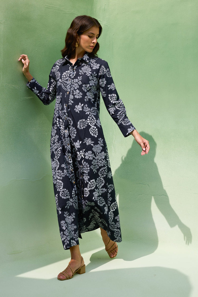 Black Floral Ikat Collared Shirt Dress cotton dress by World of SiSa in black for women in Singapore