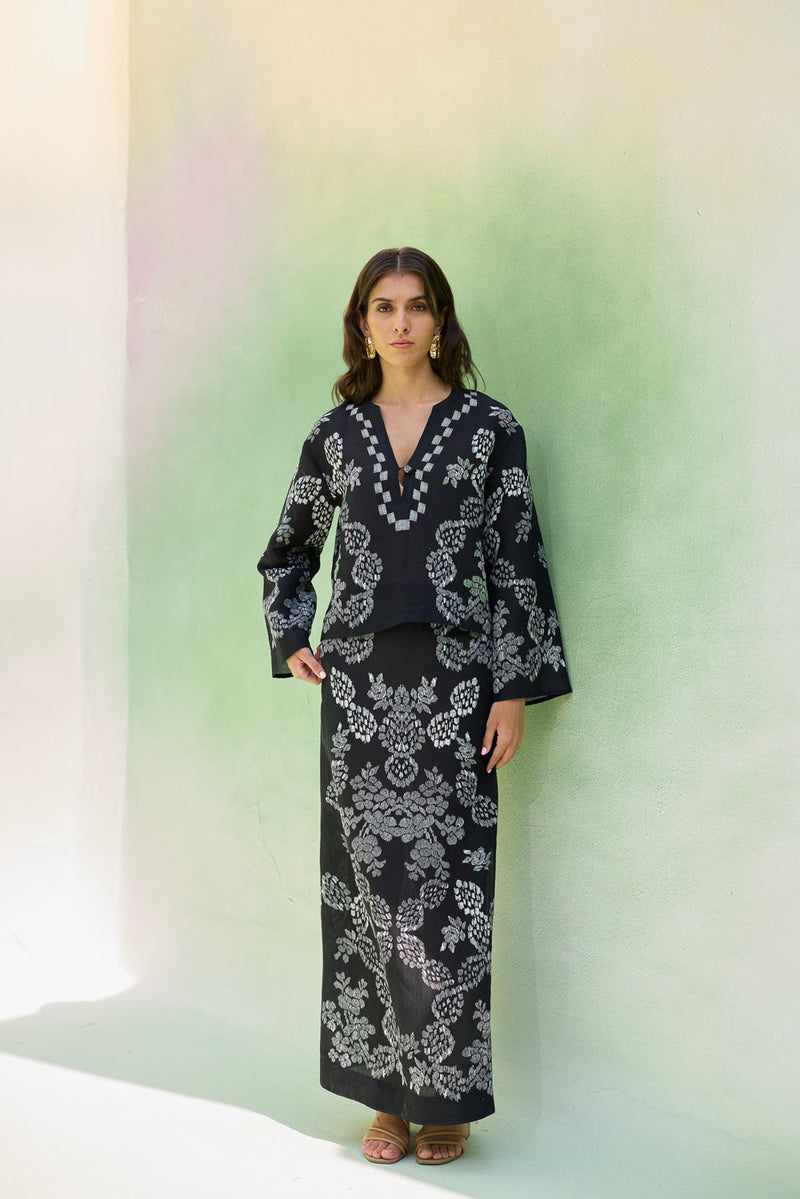 Black Ikat Floral Top and Skirt Set linen co-ord set by World of SiSa in black for women in Singapore