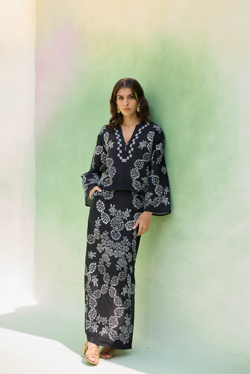 Black Ikat Floral Top and Skirt Set linen co-ord set by World of SiSa in black for women in Singapore