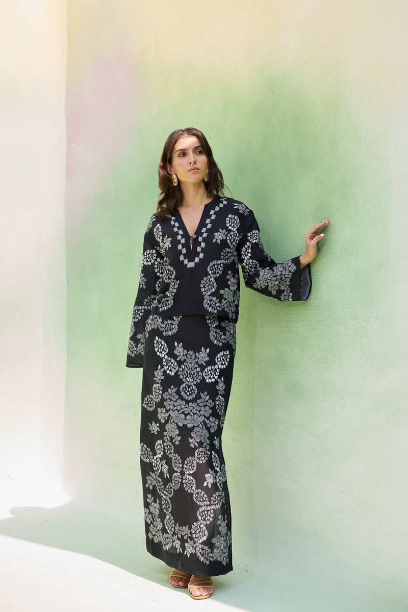 Black Ikat Floral Top and Skirt Set linen co-ord set by World of SiSa in black for women in Singapore