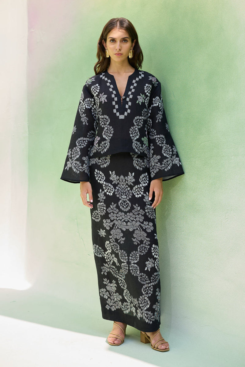 Black Ikat Floral Top and Skirt Set linen co-ord set by World of SiSa in black for women in Singapore