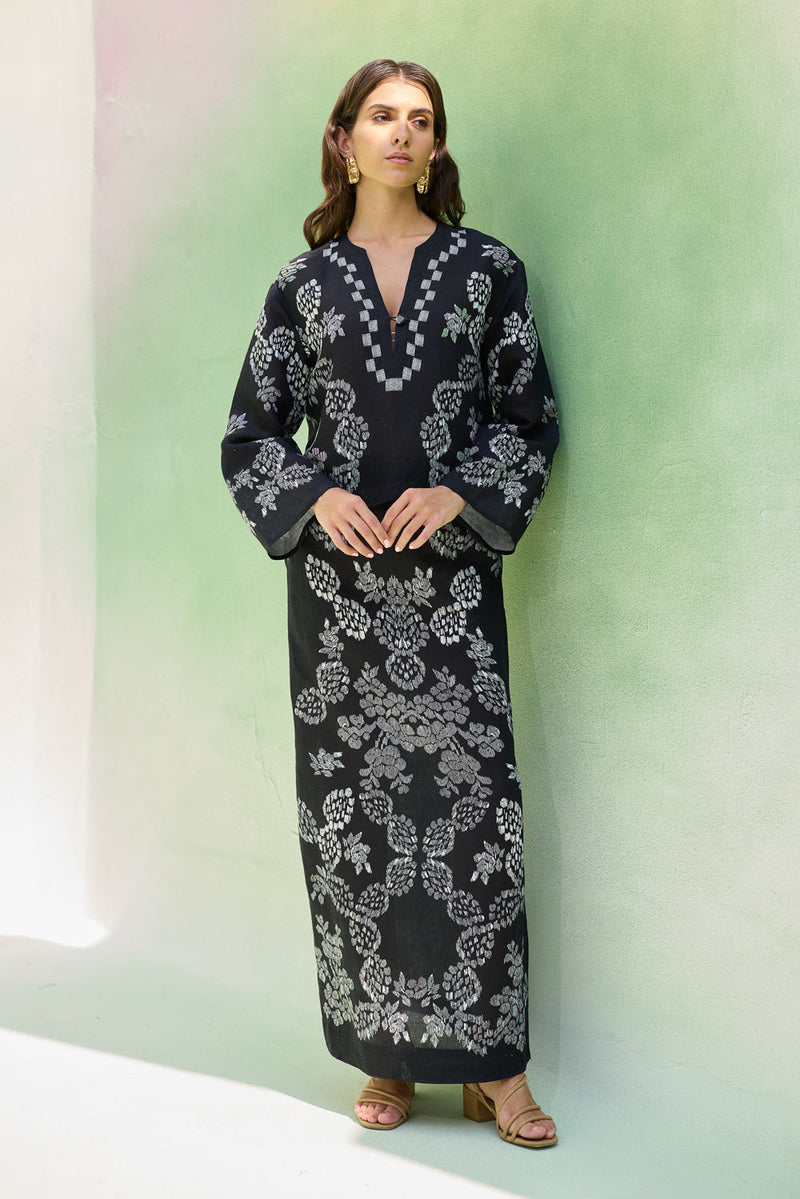 Black Ikat Floral Top and Skirt Set linen co-ord set by World of SiSa in black for women in Singapore