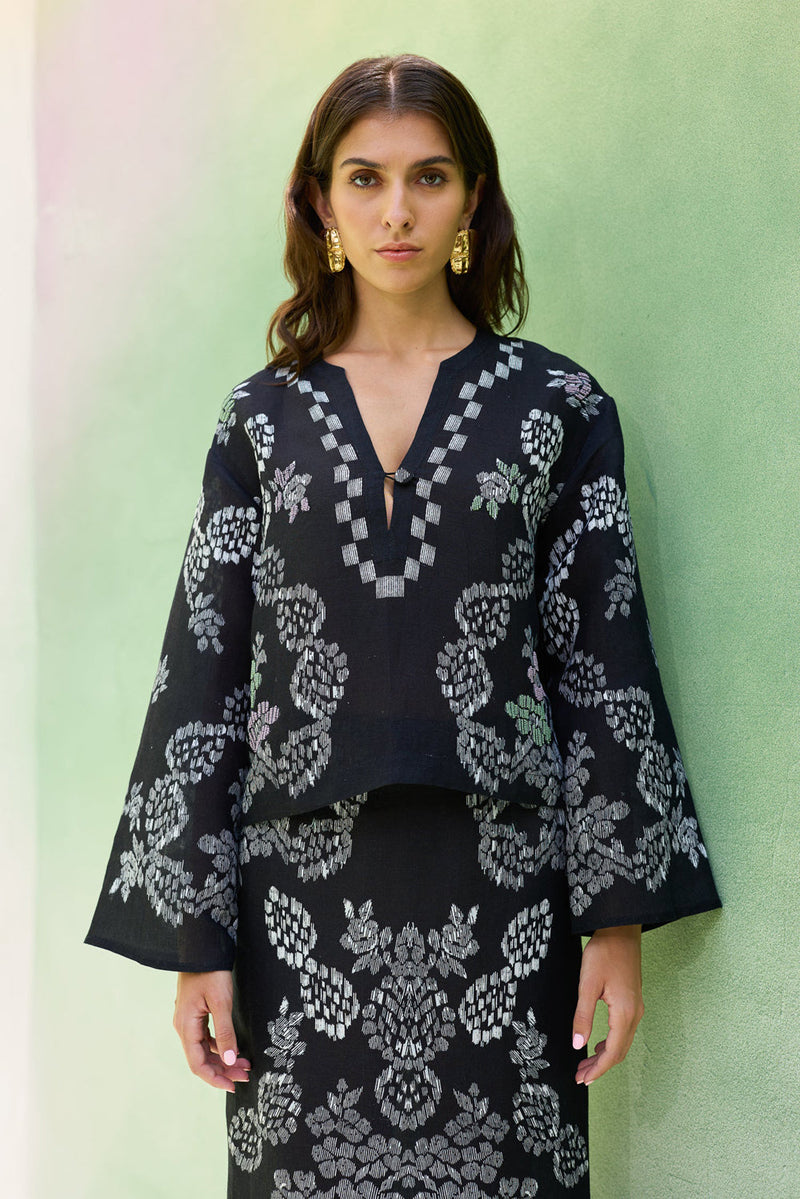 Black Ikat Floral Top and Skirt Set linen co-ord set by World of SiSa in black for women in Singapore