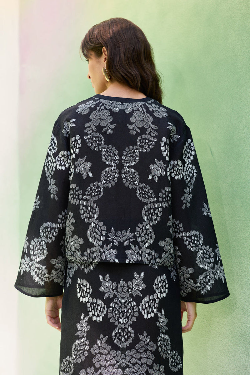 Black Ikat Floral Top and Skirt Set linen co-ord set by World of SiSa in black for women in Singapore