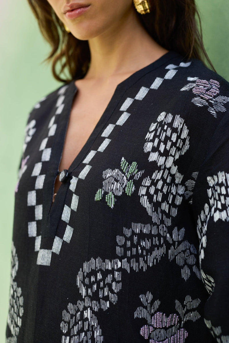 Black Ikat Floral Top and Skirt Set linen co-ord set by World of SiSa in black for women in Singapore
