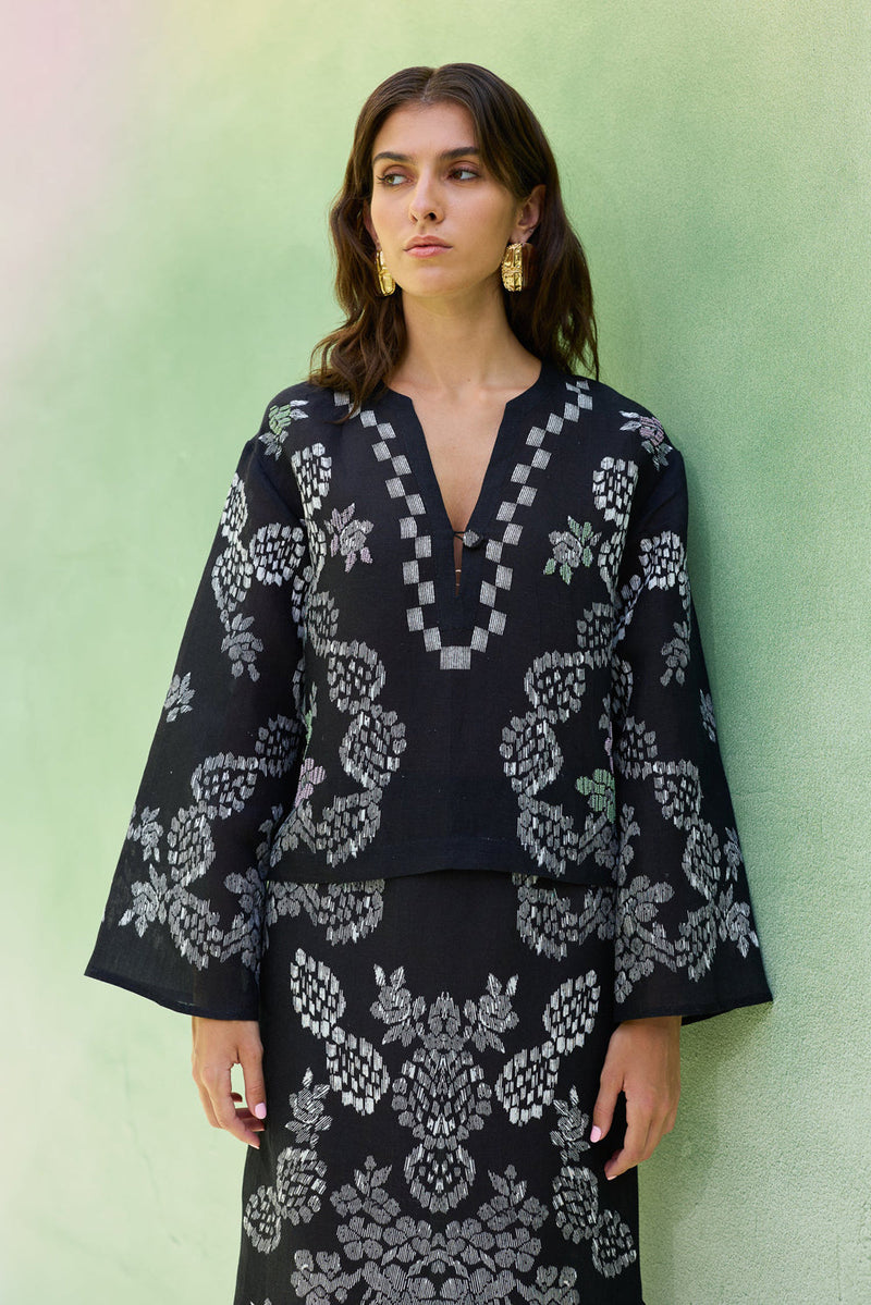 Black Ikat Floral Top and Skirt Set linen co-ord set by World of SiSa in black for women in Singapore