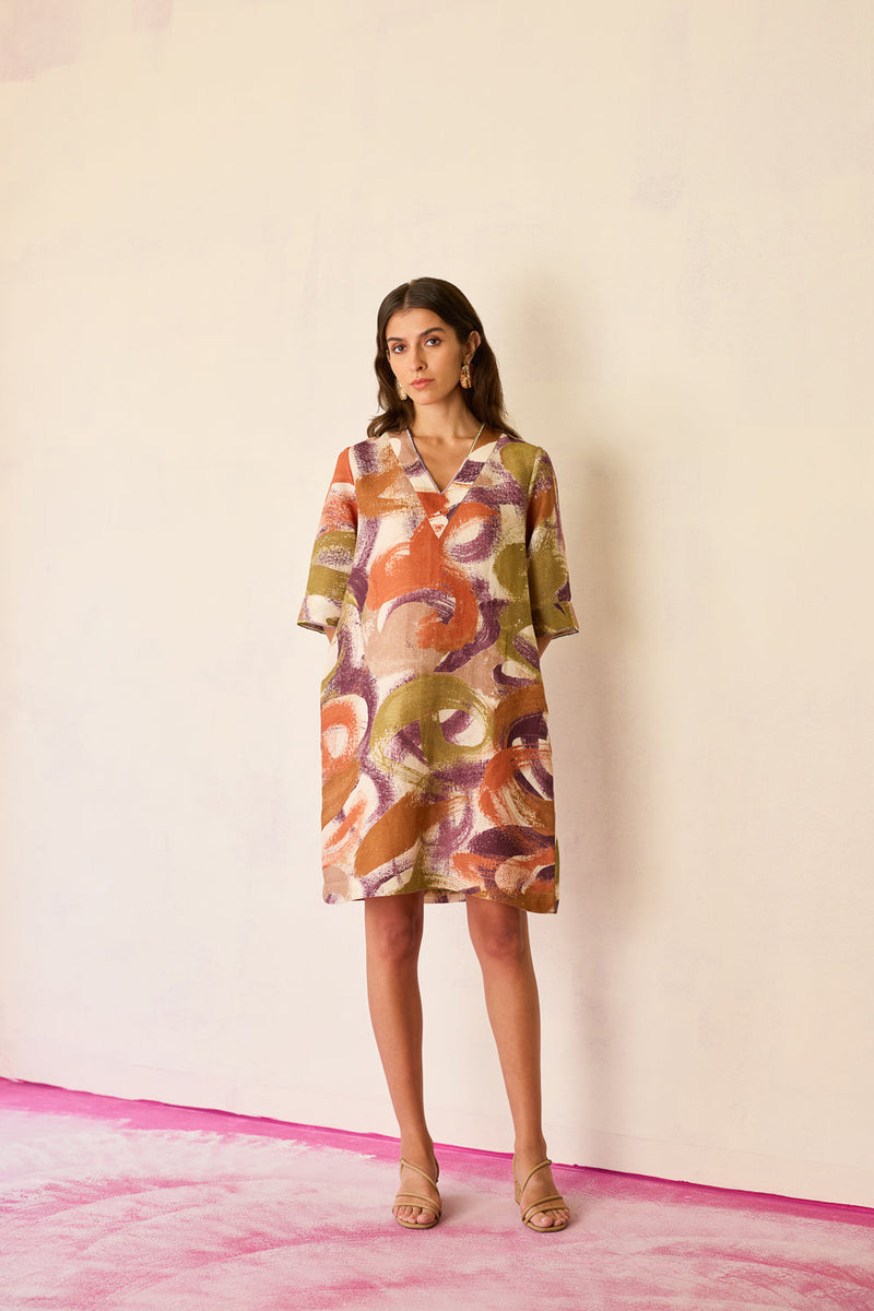 Brushstroke Mini Shift Dress linen dress by World of SiSa in multi-color for women in Singapore