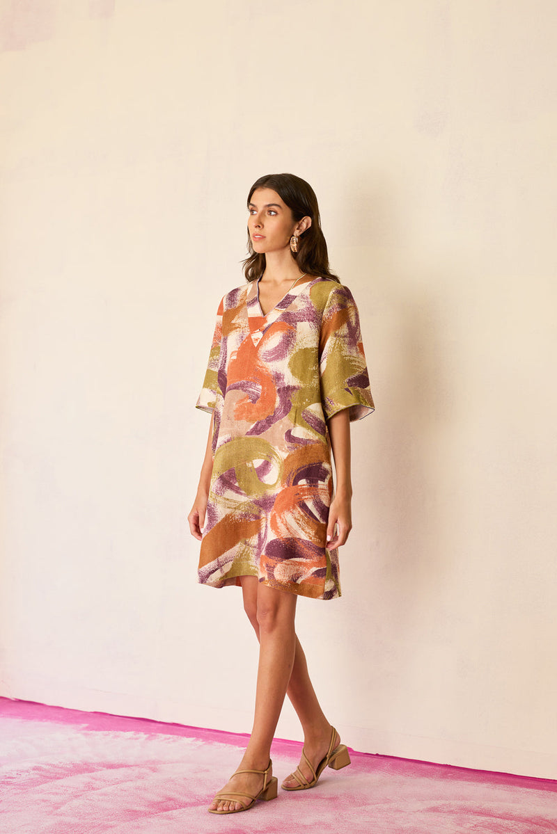 Brushstroke Mini Shift Dress linen dress by World of SiSa in multi-color for women in Singapore