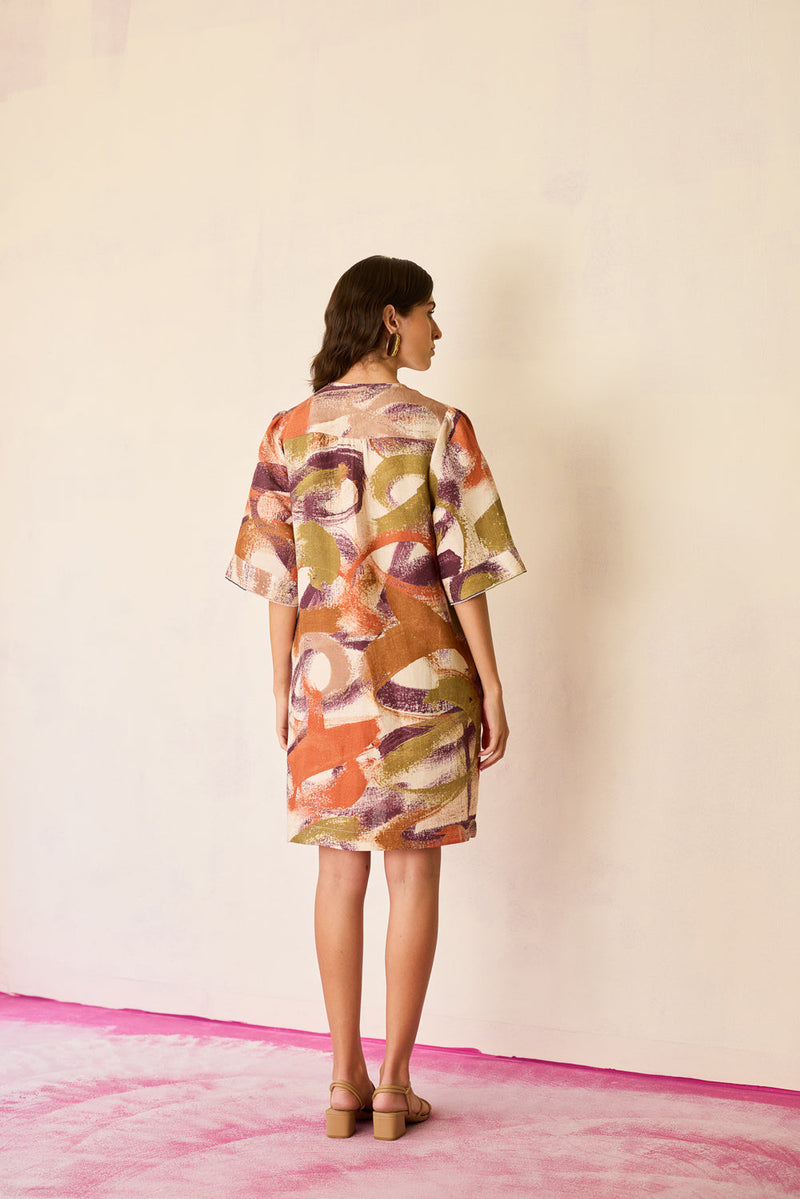 Brushstroke Mini Shift Dress linen dress by World of SiSa in multi-color for women in Singapore