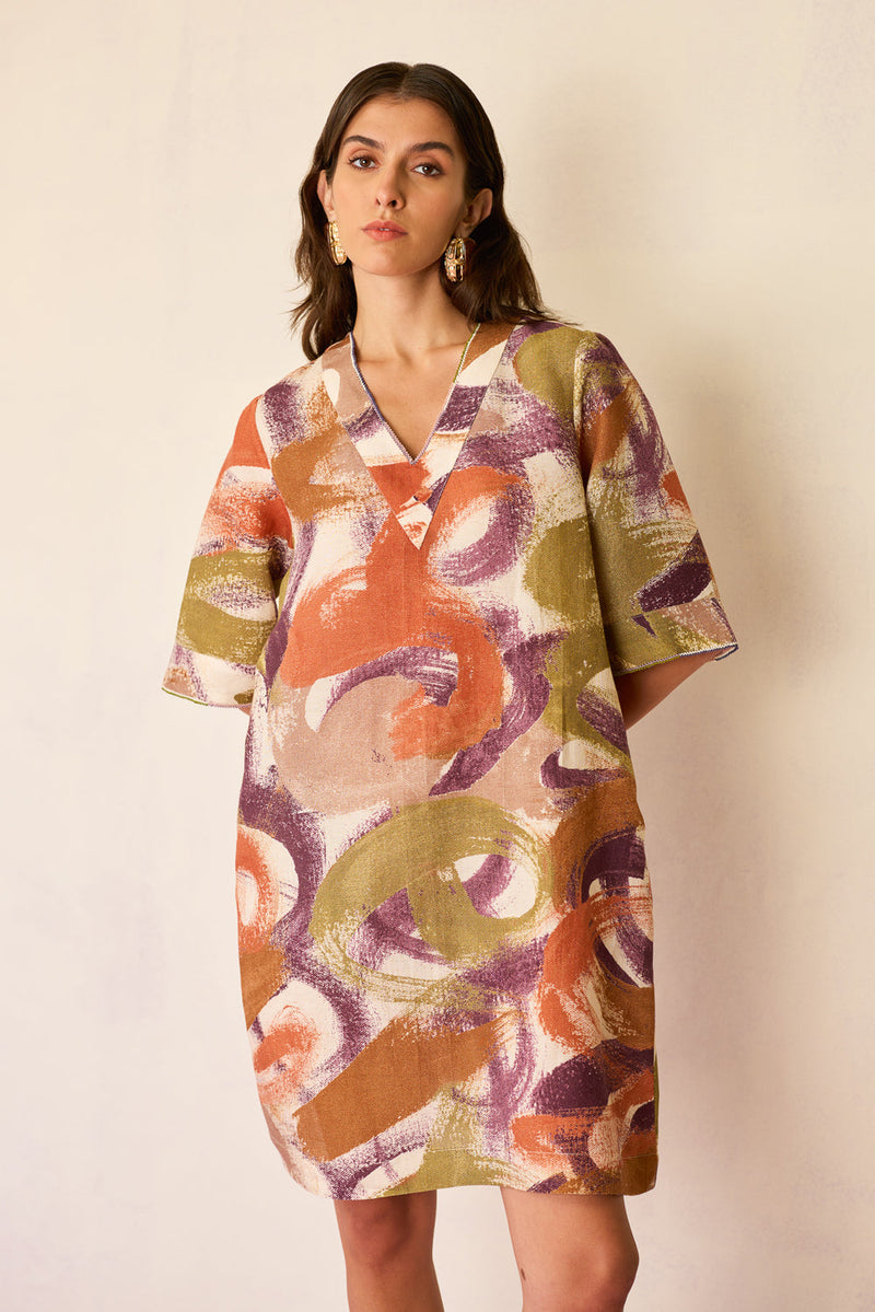 Brushstroke Mini Shift Dress linen dress by World of SiSa in multi-color for women in Singapore