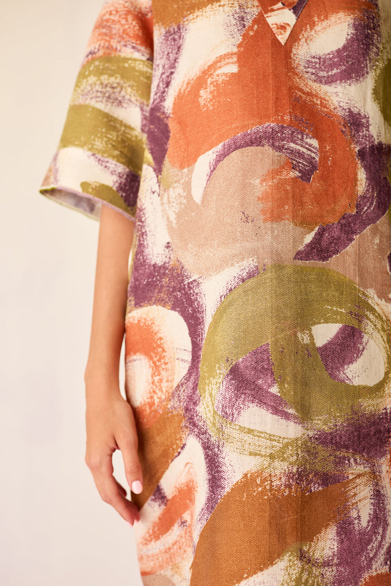 Brushstroke Mini Shift Dress linen dress by World of SiSa in multi-color for women in Singapore