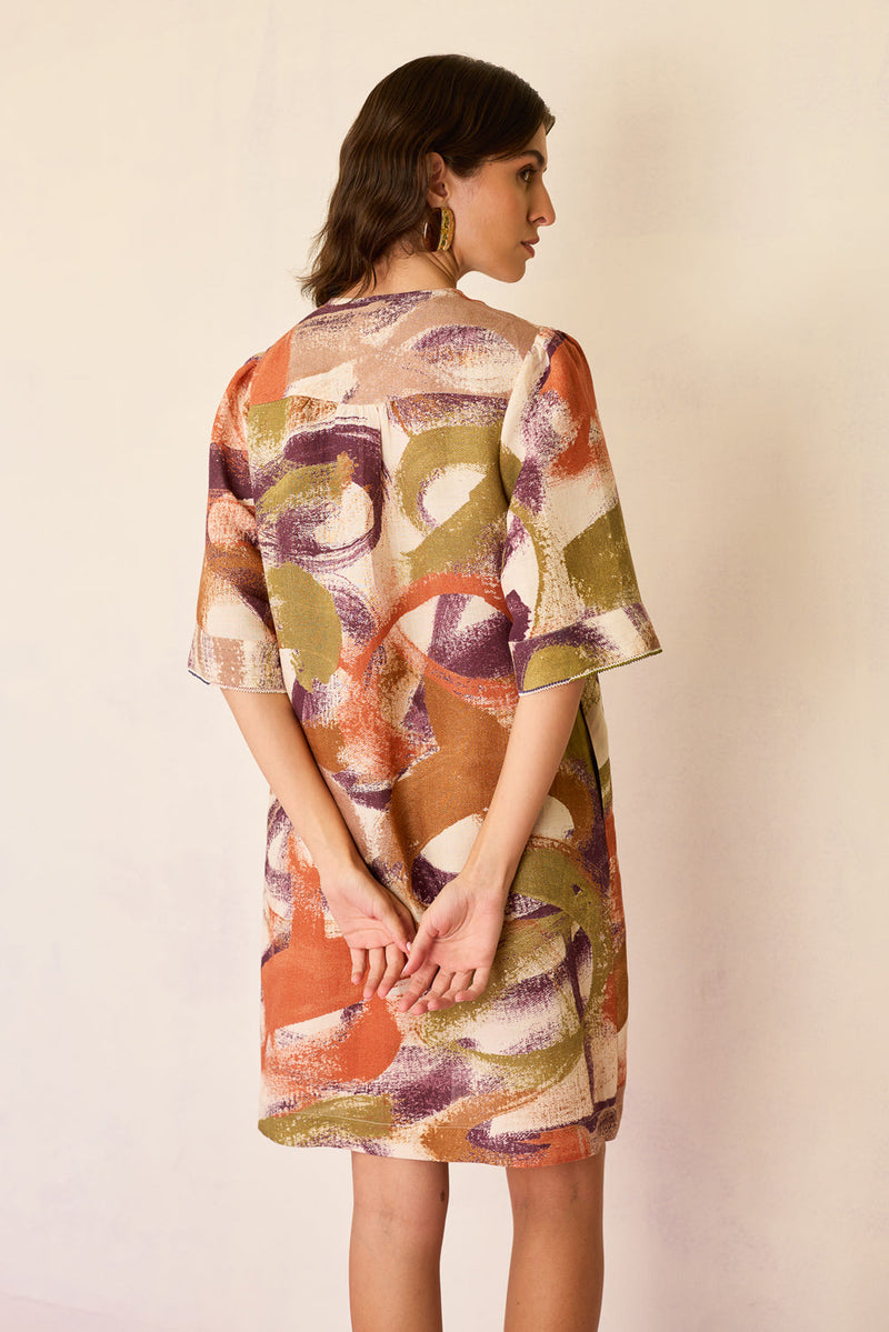Brushstroke Mini Shift Dress linen dress by World of SiSa in multi-color for women in Singapore