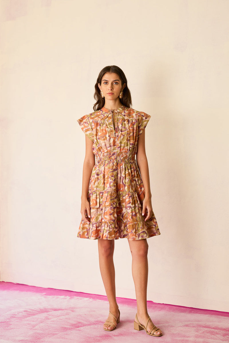 Brushstroke Gathered Mini Dress cotton dress by World of SiSa in multi-color for women in Singapore