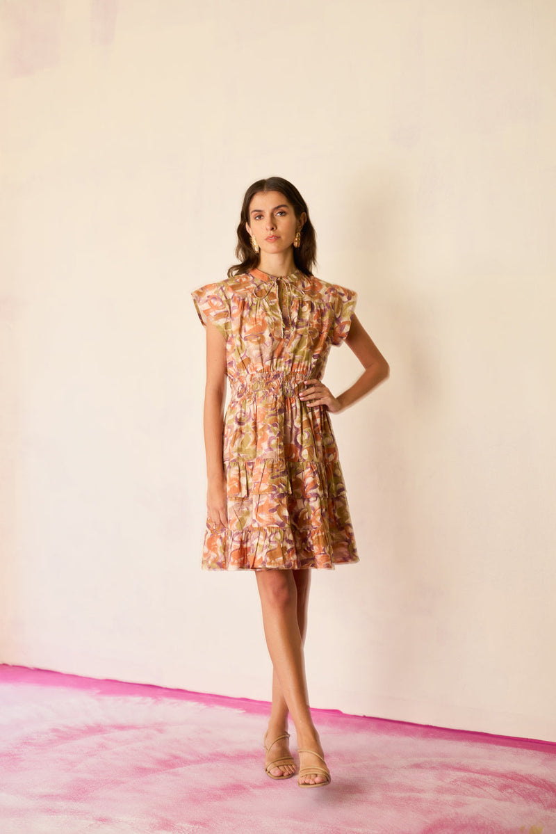 Brushstroke Gathered Mini Dress cotton dress by World of SiSa in multi-color for women in Singapore