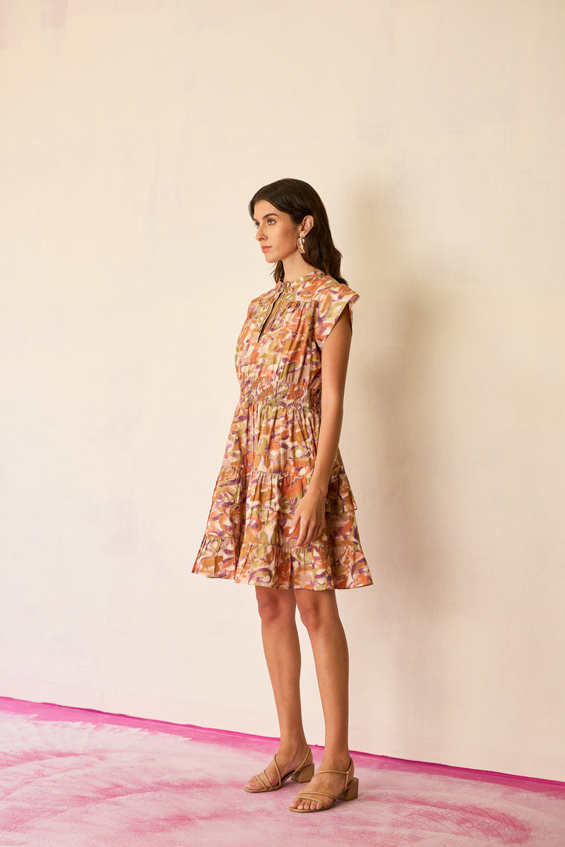 Brushstroke Gathered Mini Dress cotton dress by World of SiSa in multi-color for women in Singapore