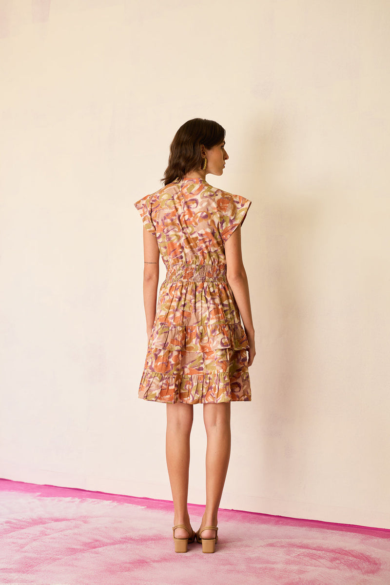 Brushstroke Gathered Mini Dress cotton dress by World of SiSa in multi-color for women in Singapore